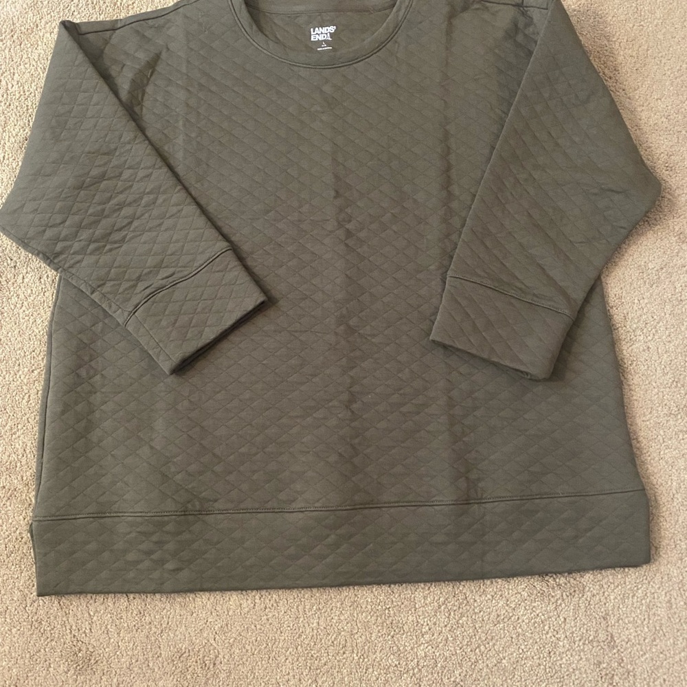 Lands' End Quilted Crewneck Lightweight Shirt Olive Green
